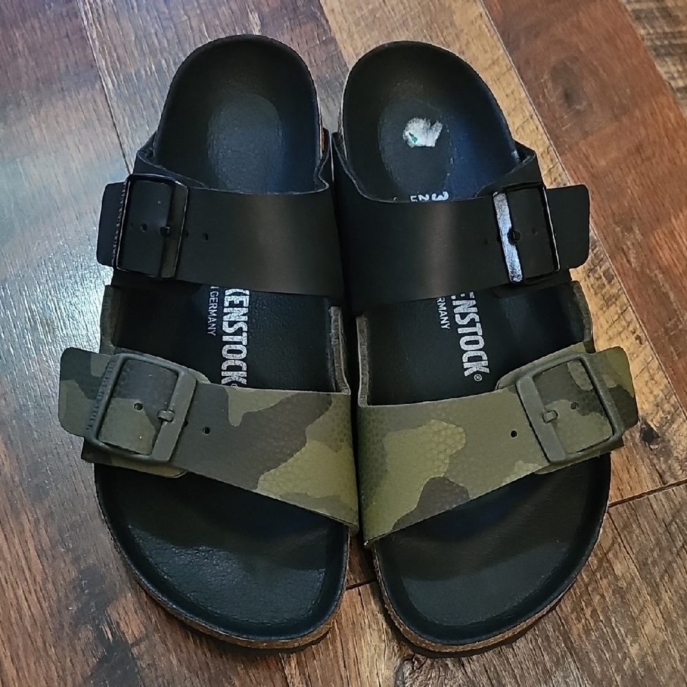 Birkenstock Black and Green Camouflage Sandals